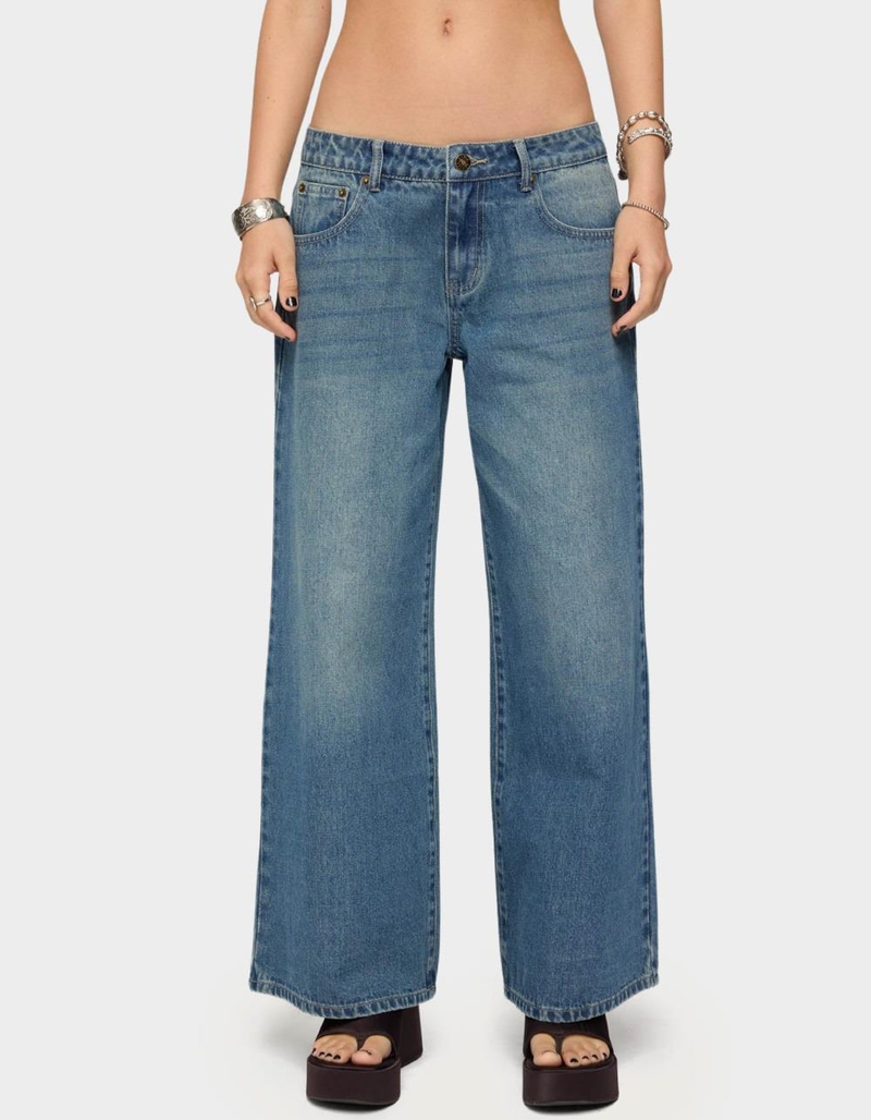 EDIKTED Petite Vyxen Vintage Washed Low Rise Jeans image number 0