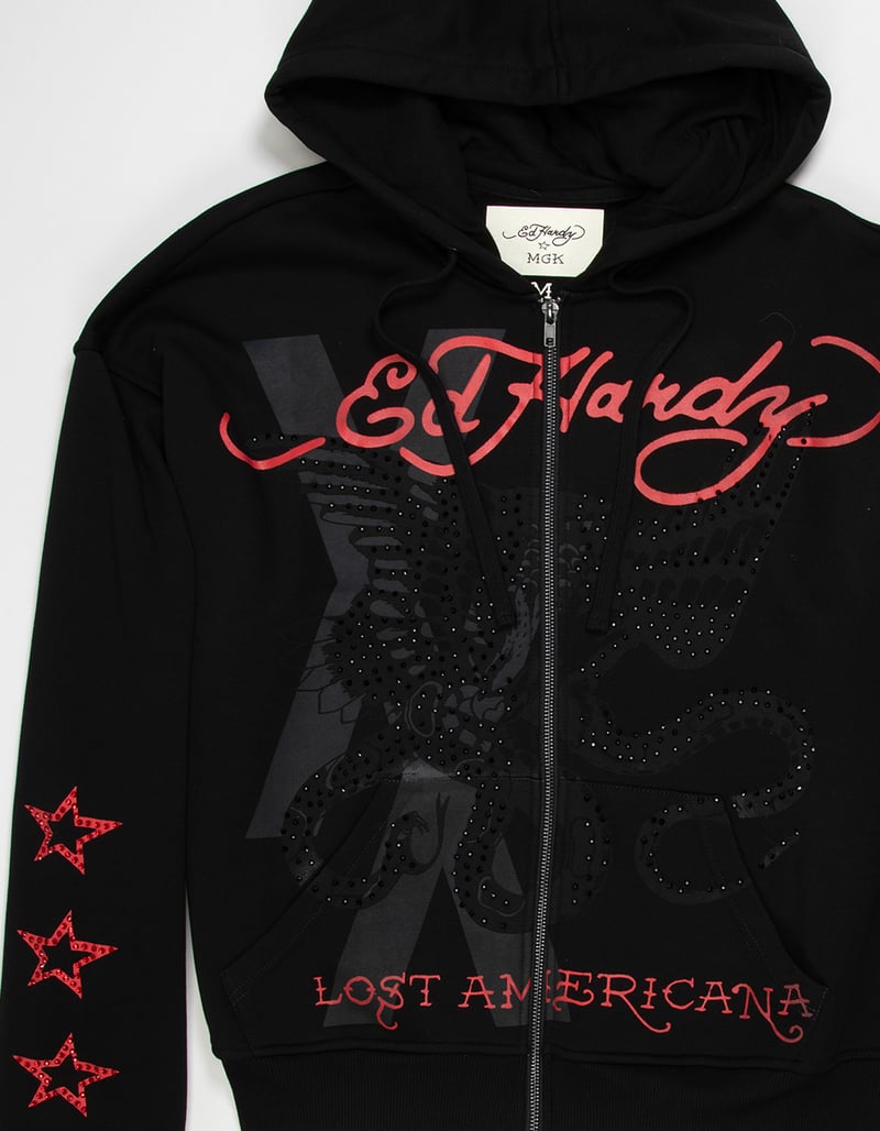 ED HARDY x MGK Flames Rhinestone Mens Zip-Up Hoodie image number 2