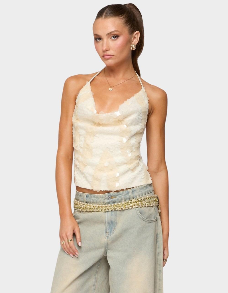 EDIKTED Reid Backless Sequin Cowl Neck Top image number 0