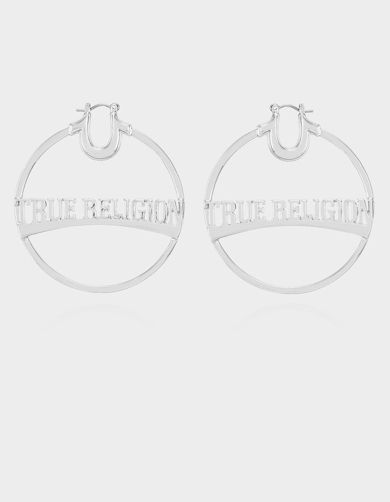 TRUE RELIGION Silver Tone Large Logo Hoop Earrings image number 0