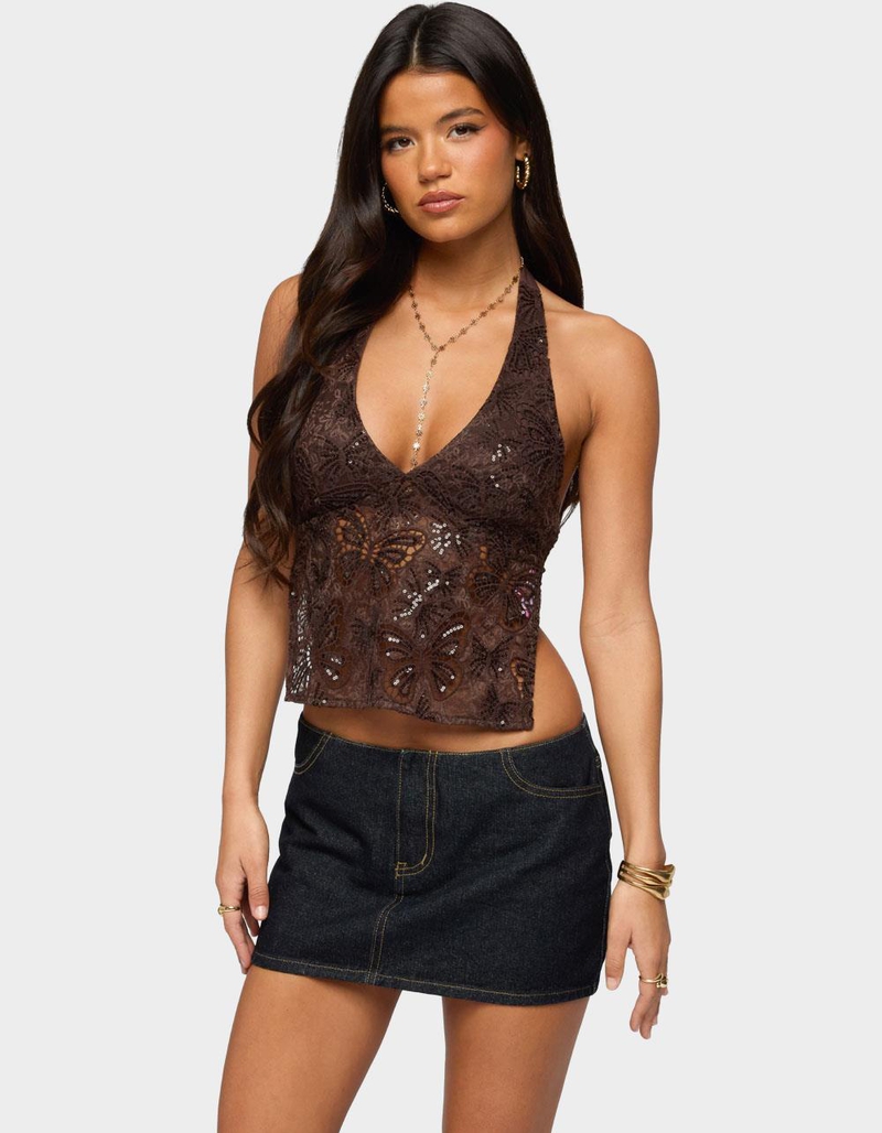 EDIKTED Butterfly Sequin Backless Halter Top image number 0