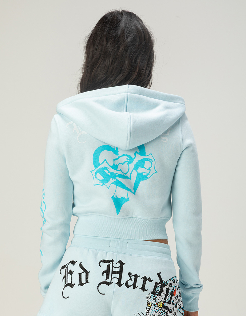ED HARDY Blue Leopard Womens Zip-Up Rhinestone Hoodie image number 2