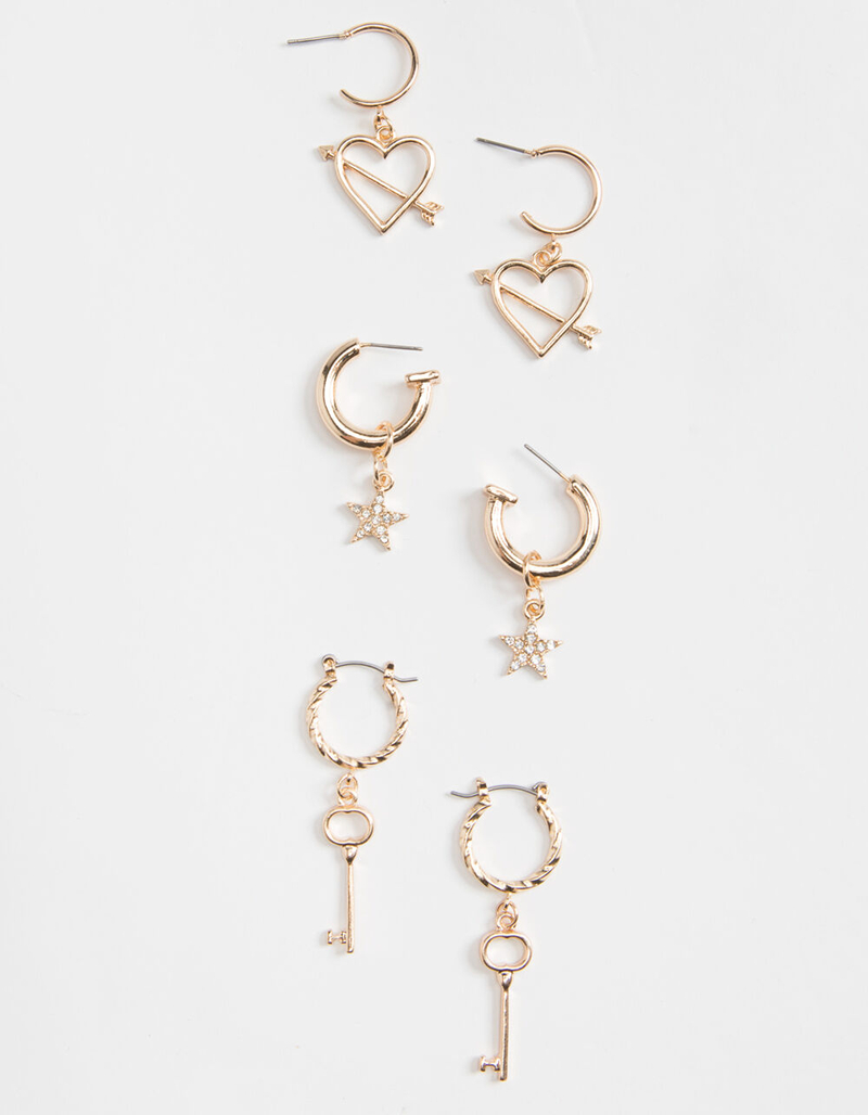FULL TILT 3 Pair Star/Heart/Key Earring Set image number 0