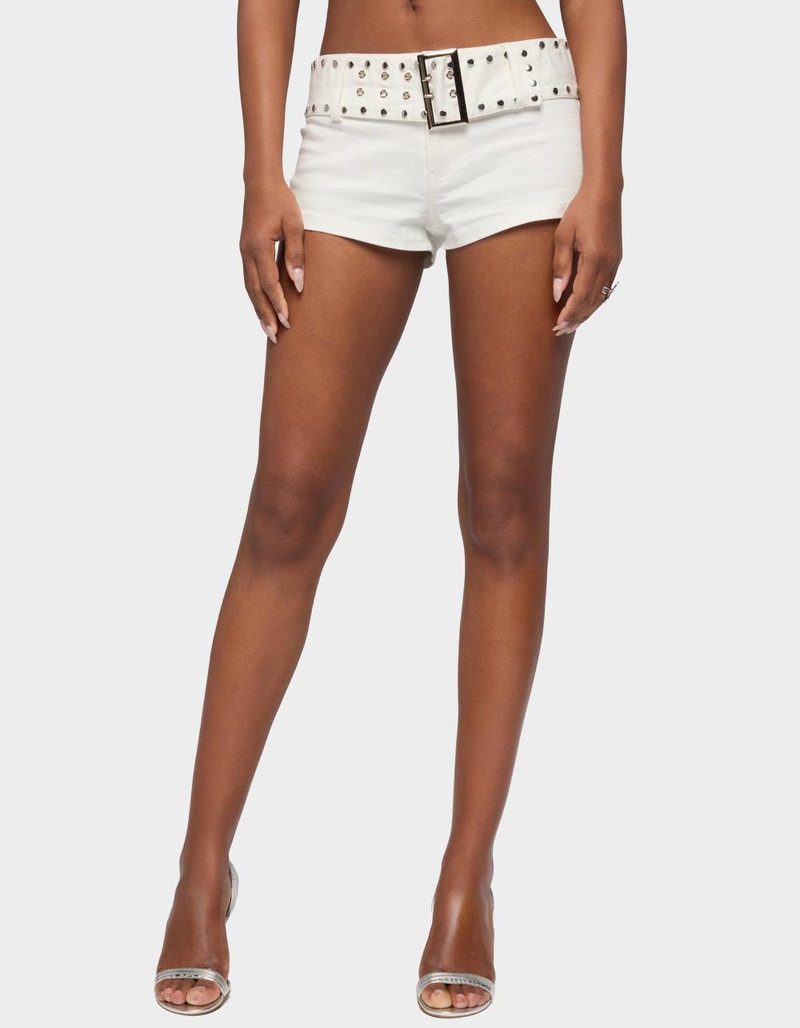 EDIKTED Studded Belt Denim Micro Shorts image number 0