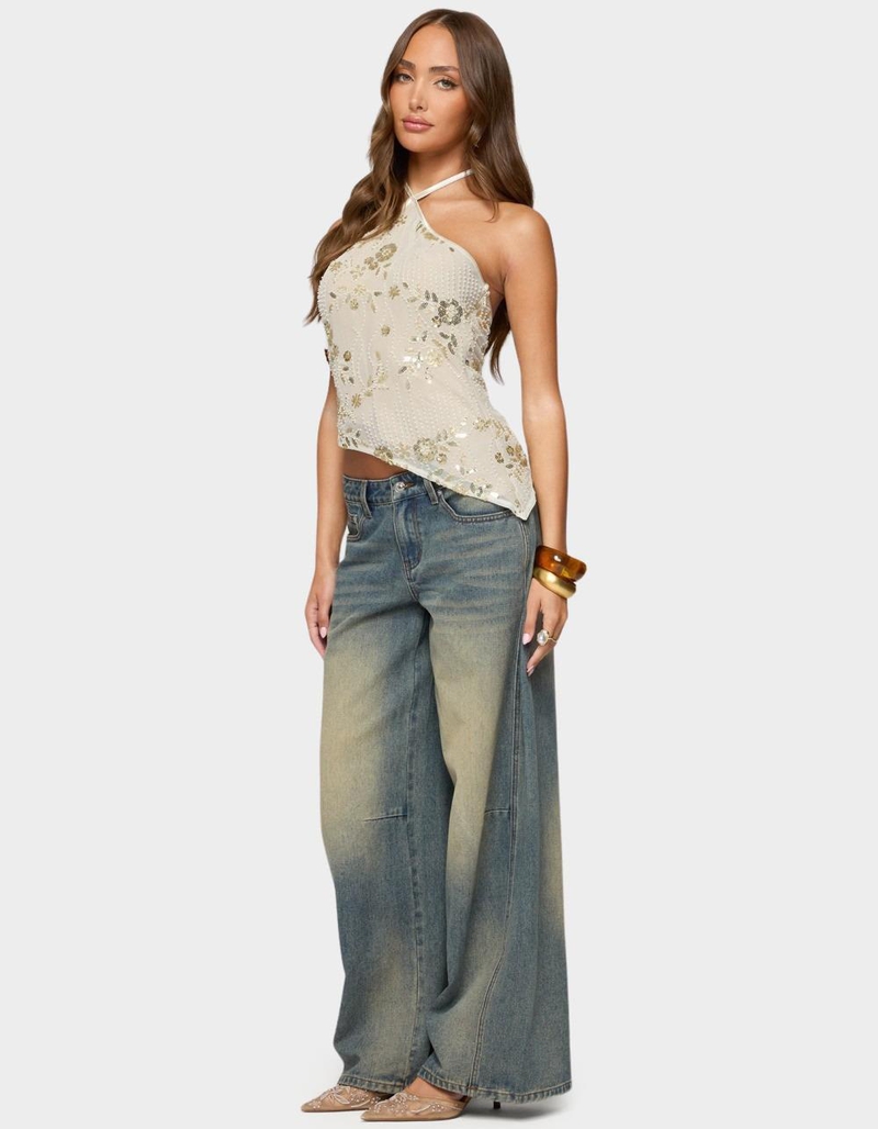 EDIKTED Beaded Sequin Asymmetric Halter Top image number 3