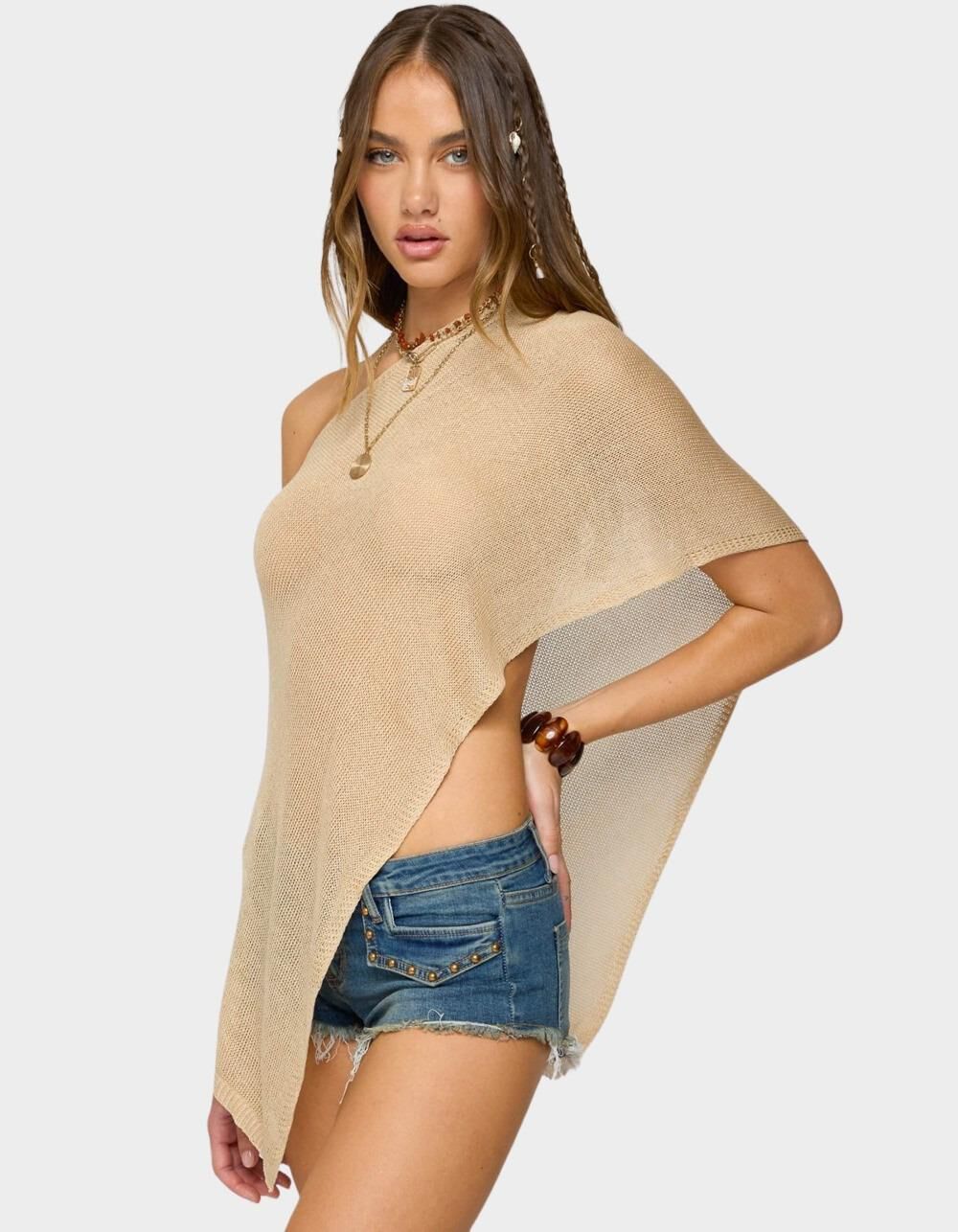 EDIKTED Azalia Asymmetric Knit Top - BEIGE - L | Tillys