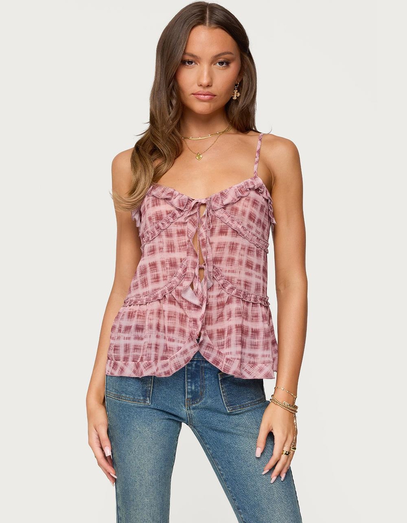 EDIKTED Chiffon Printed Tie Front Ruffle Top image number 0