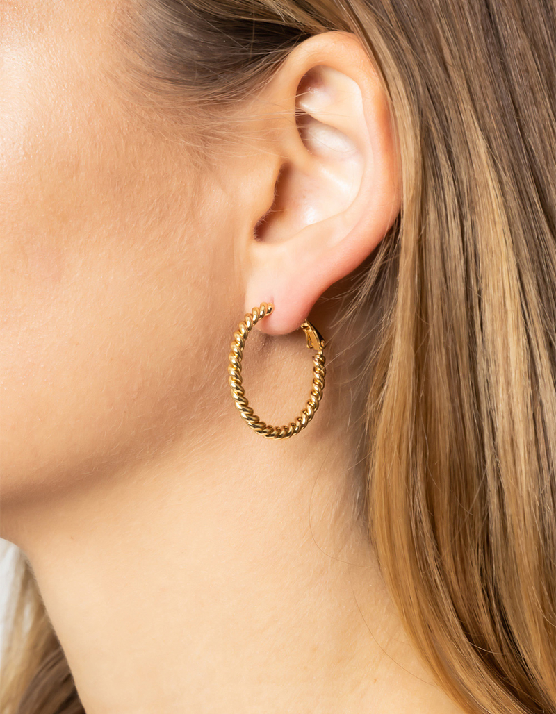 DO EVERYTHING IN LOVE 14K Gold Dipped Omega Closure Textured Hoop Earrings image number 2