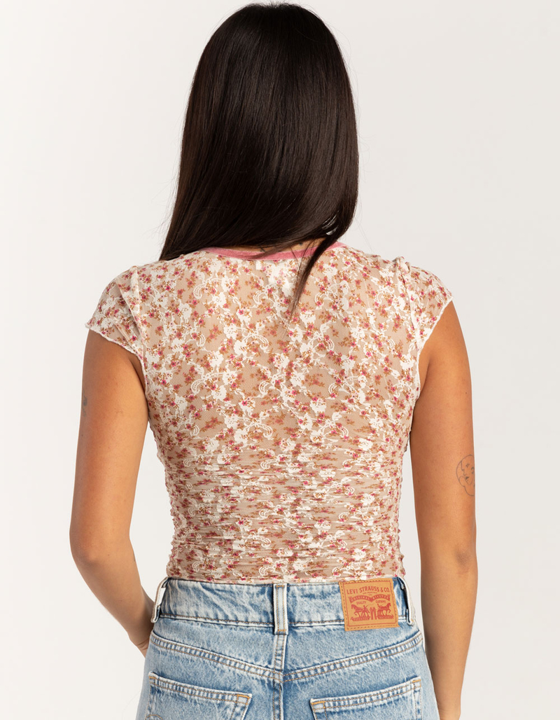 FULL TILT Printed Lace Womens V-Neck Top image number 3