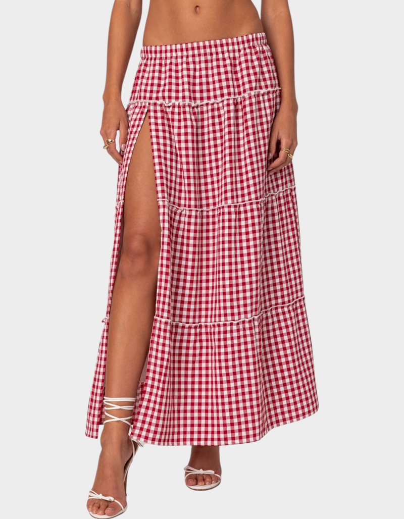 EDIKTED Gingham Side Slit Tiered Maxi Skirt image number 0