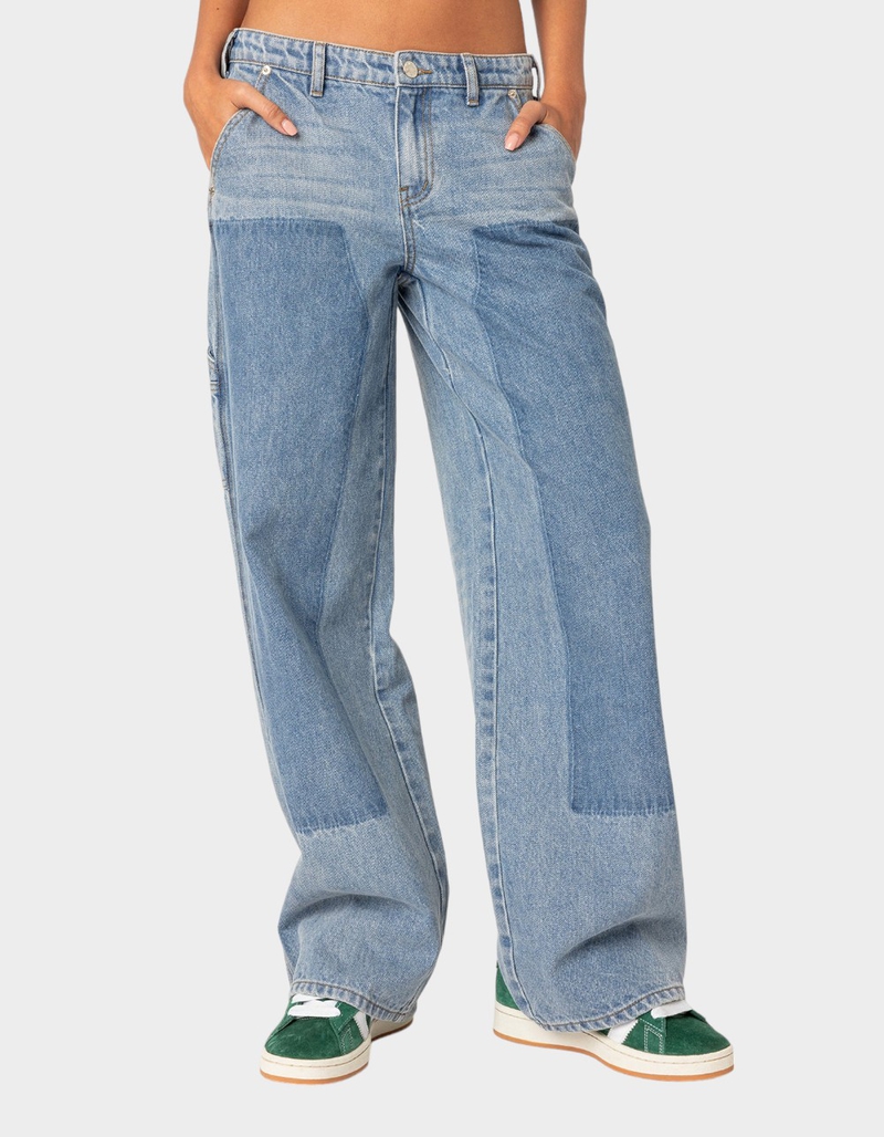EDIKTED Faded Wash Low Rise Carpenter Jeans LIGHT BLUE Tillys
