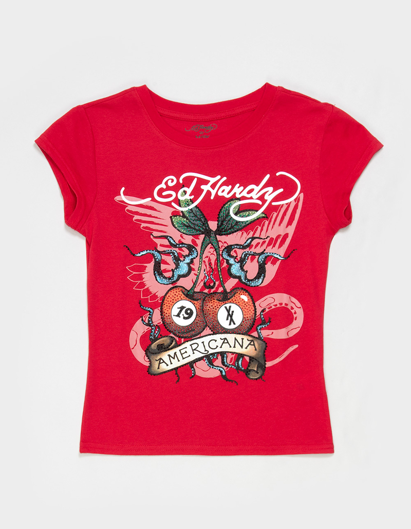 ED HARDY x MGK Cherries Rhinestone Womens Cap Sleeve Tee image number 0