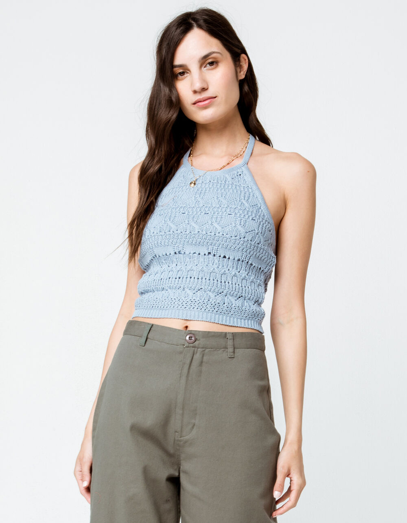 SKY AND SPARROW Sweater Knit Light Blue Womens Halter Top image number 1