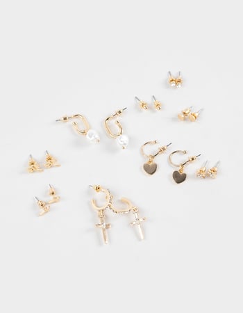 FULL TILT 9 Pack Cross/Heart/Pearl Hoop Earrings Primary Image