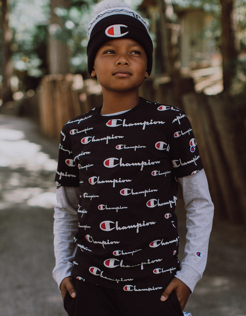 CHAMPION AOP Script Logo Black Boys T-Shirt image number 0