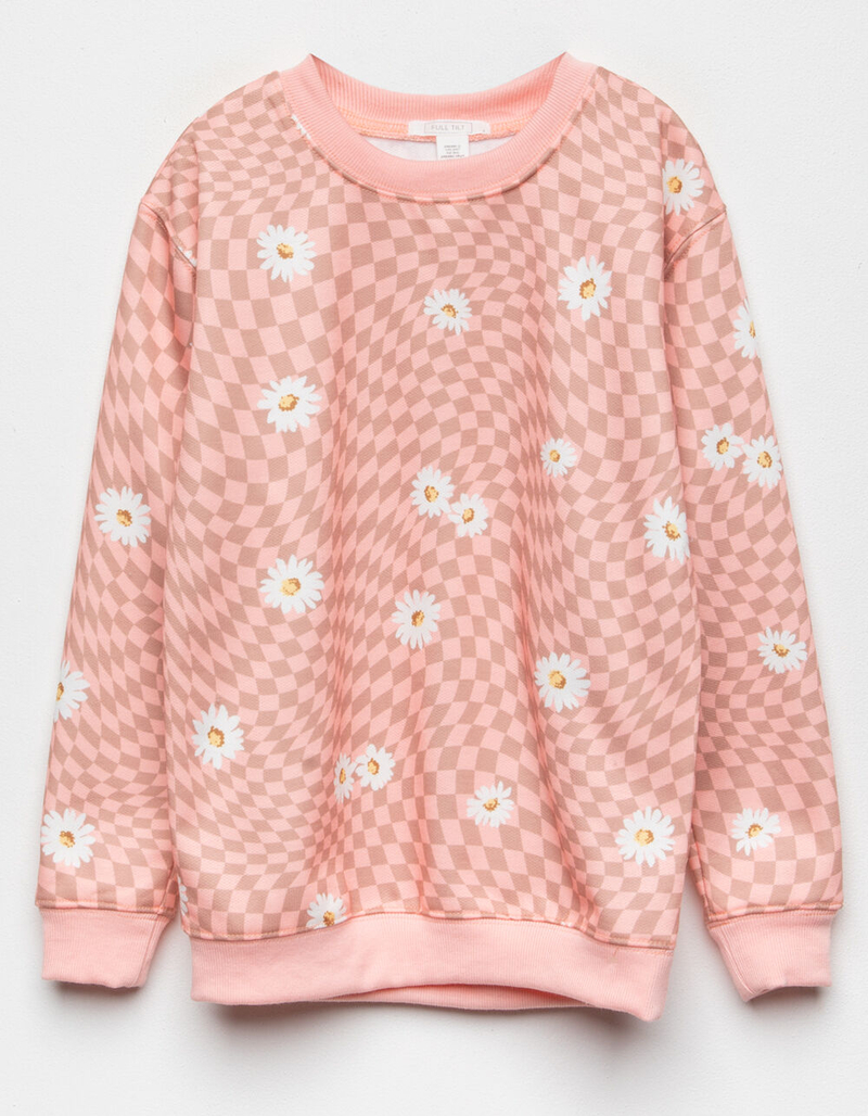 FULL TILT Floral Checkered Girls Oversized Crewneck Sweatshirt image number 0