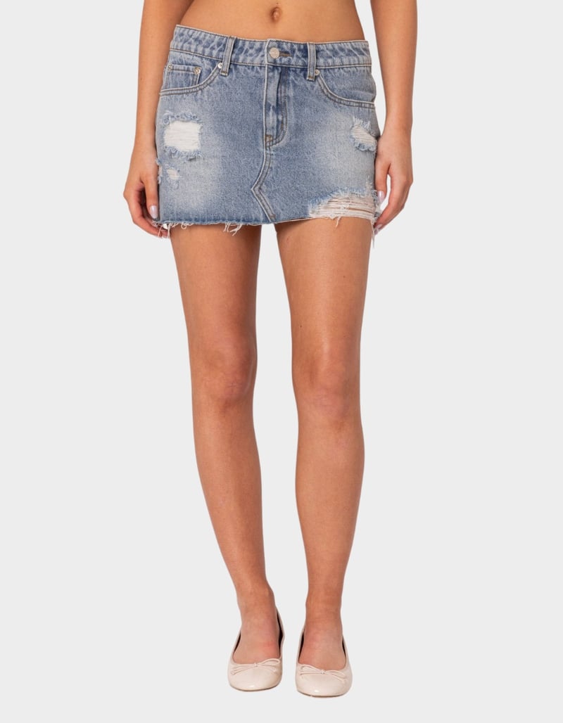 EDIKTED Ginnie Low Rise Distressed Denim Mini Skirt image number 0