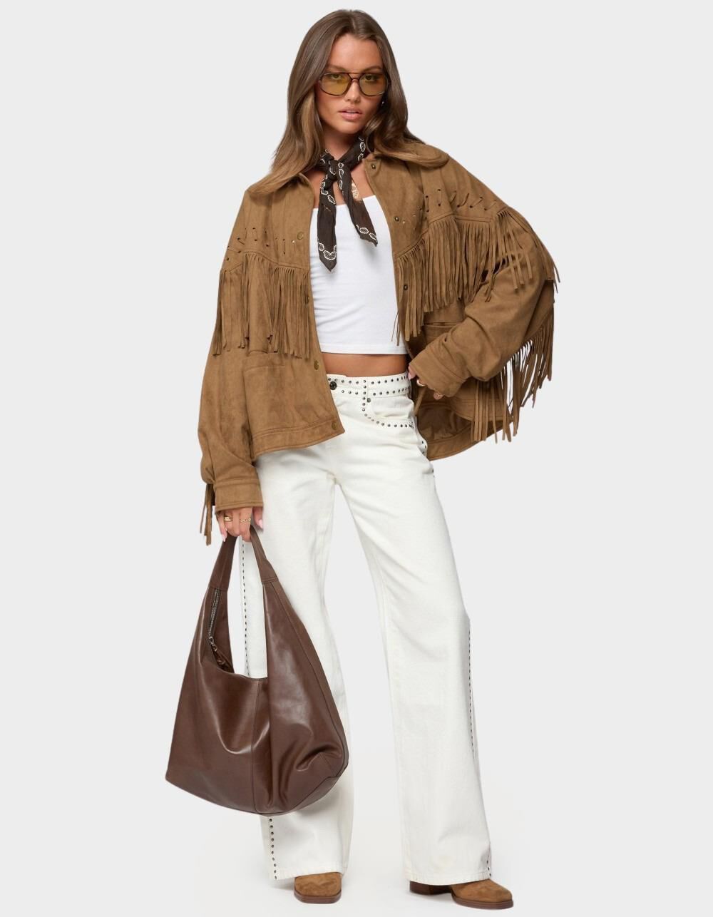 EDIKTED Evonka Fringe Faux Suede Jacket - BROWN | Tillys
