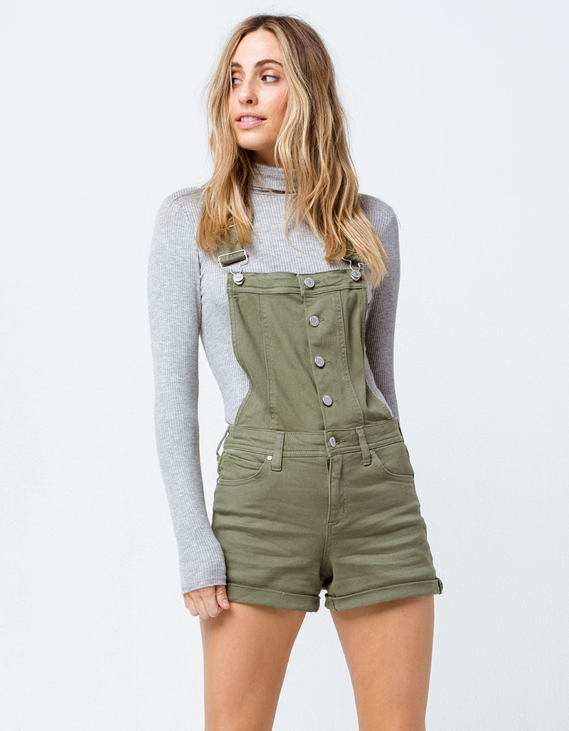 SKY AND SPARROW Button Front Olive Womens Shortalls image number 1