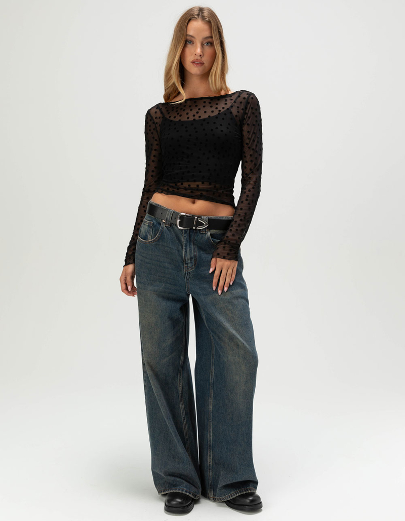 FULL TILT Flocked Dot Open Back Womens Long Sleeve Mesh Top image number 1