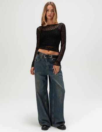 FULL TILT Flocked Dot Open Back Womens Long Sleeve Mesh Top Alternative Image