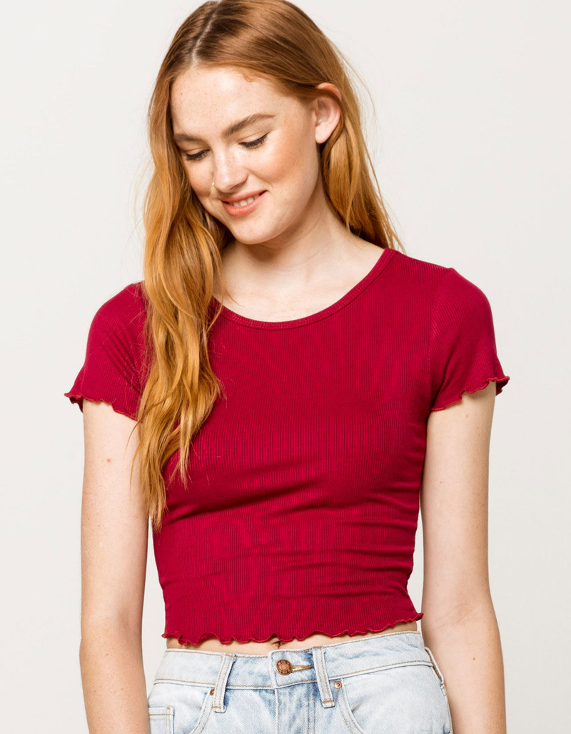 BOZZOLO Ribbed Lettuce Edge Cranberry Womens Crop Tee image number 0