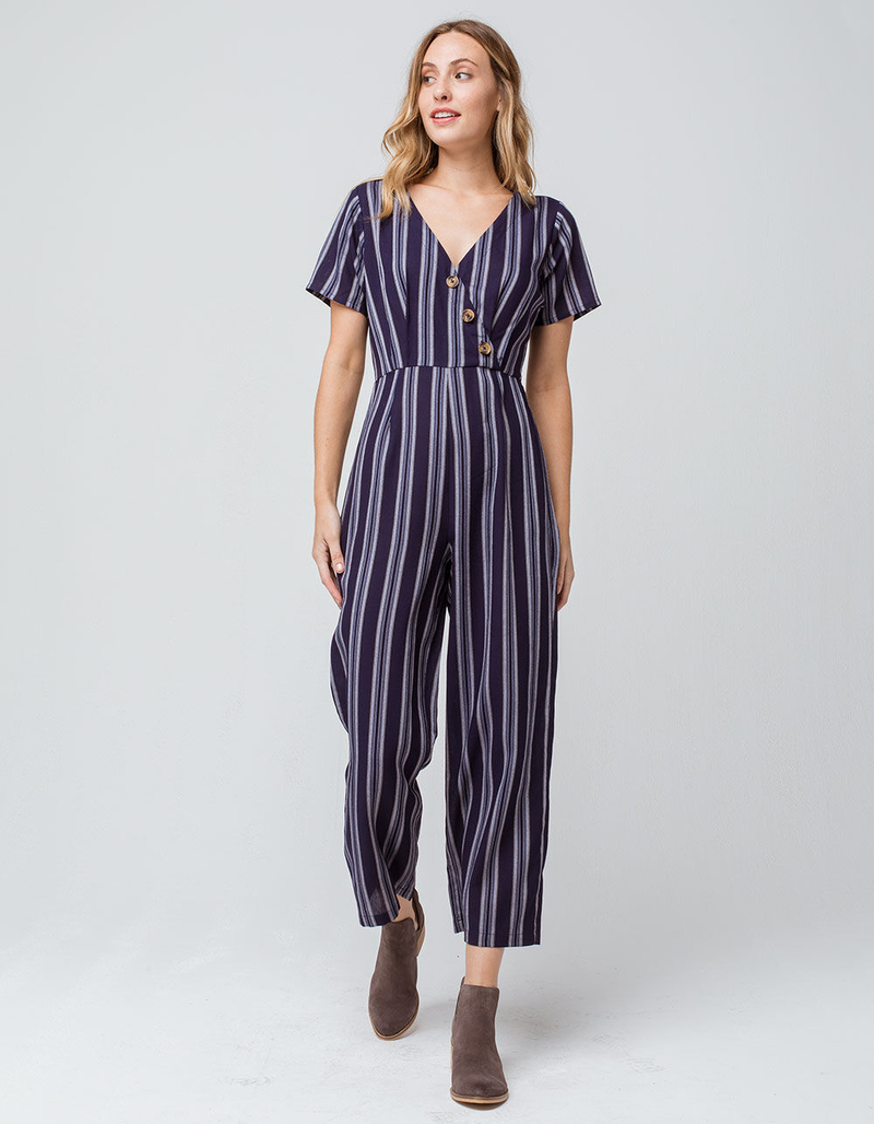 SKY AND SPARROW Stripe Button Front Navy Womens Jumpsuit image number 1