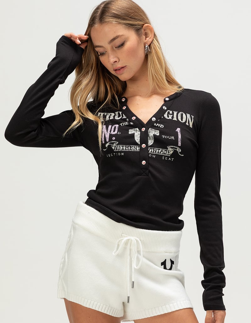 TRUE RELIGION Ribbed Faded Logo Womens Long Sleeve Henley Top image number 0