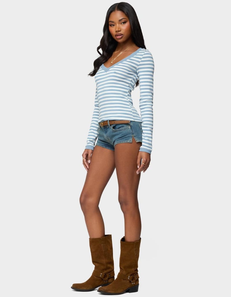 EDIKTED Kimi Striped Long Sleeve V-Neck Top image number 3