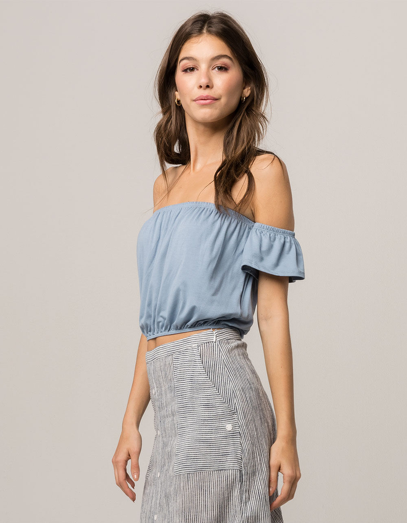 IVY & MAIN Off The Shoulder Light Blue Womens Crop Top image number 0