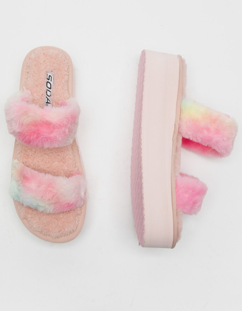 SODA Dual Strap Faux Fur Womens Flatform Sandals image number 4