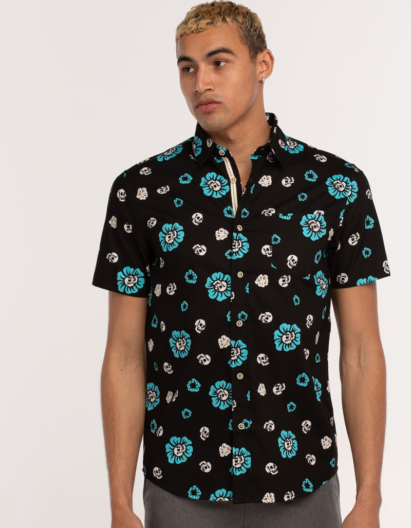 RSQ Skull Floral Mens Button Up Shirt BLACK Tillys