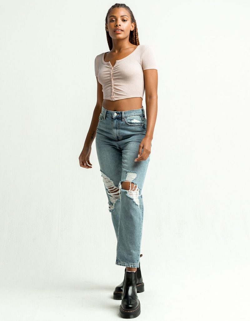 FULL TILT Cinch Button Front Womens Tan Tee image number 3