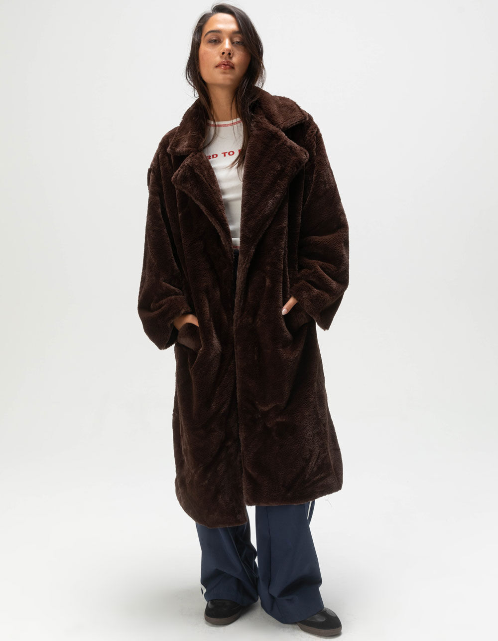 JOLIE AND JOY Womens Fur Long Coat - CHOCOLATE | Tillys