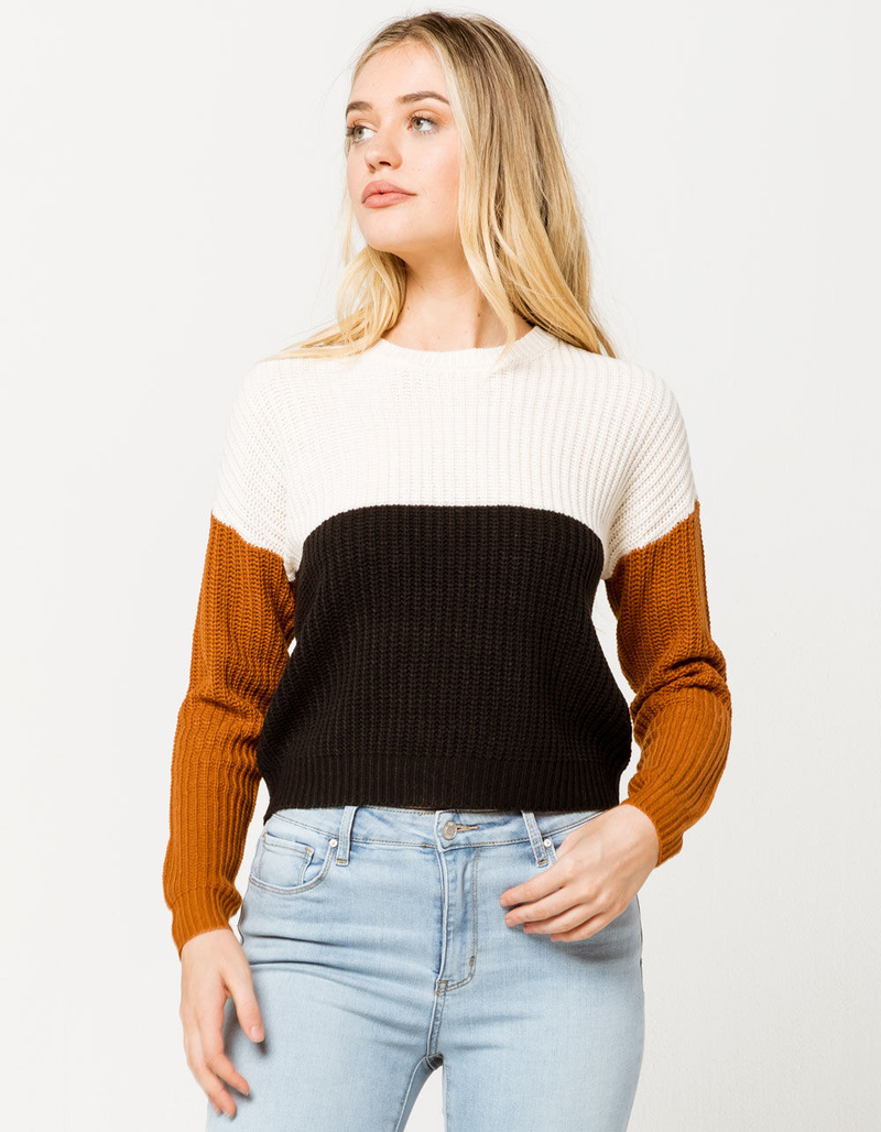 FULL TILT Color Block Tan Womens Crop Sweater image number 1