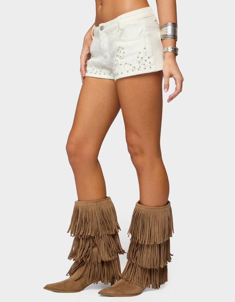 EDIKTED Studded Patchwork Low Rise Denim Shorts image number 1