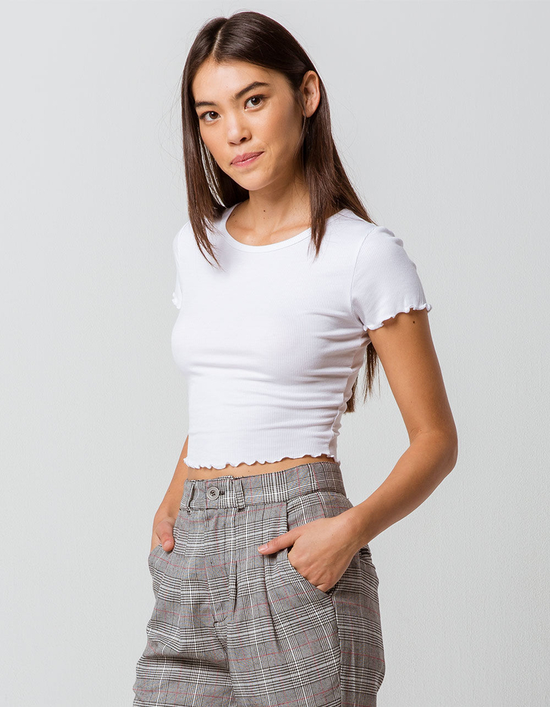 BOZZOLO Ribbed Lettuce Edge White Womens Crop Tee image number 0