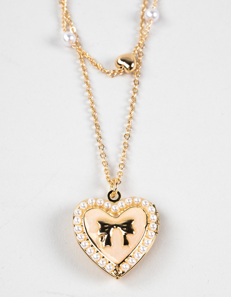 FULL TILT Layered Pearl/Bow Locket Necklace image number 1