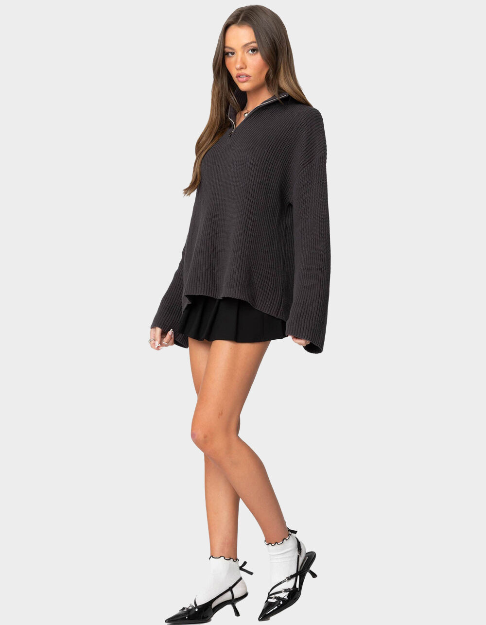 EDIKTED Amour High Neck Oversized Zip Sweater - GRAY | Tillys
