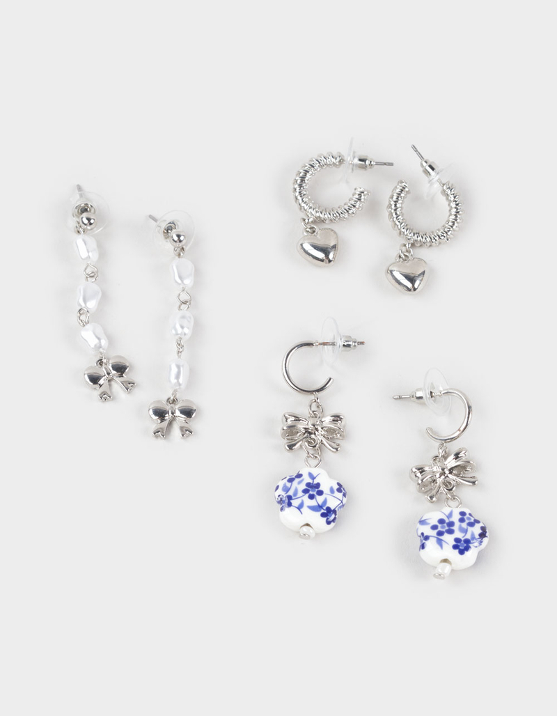 FULL TILT 3 Pack Printed Floral Bow Heart Earrings image number 0