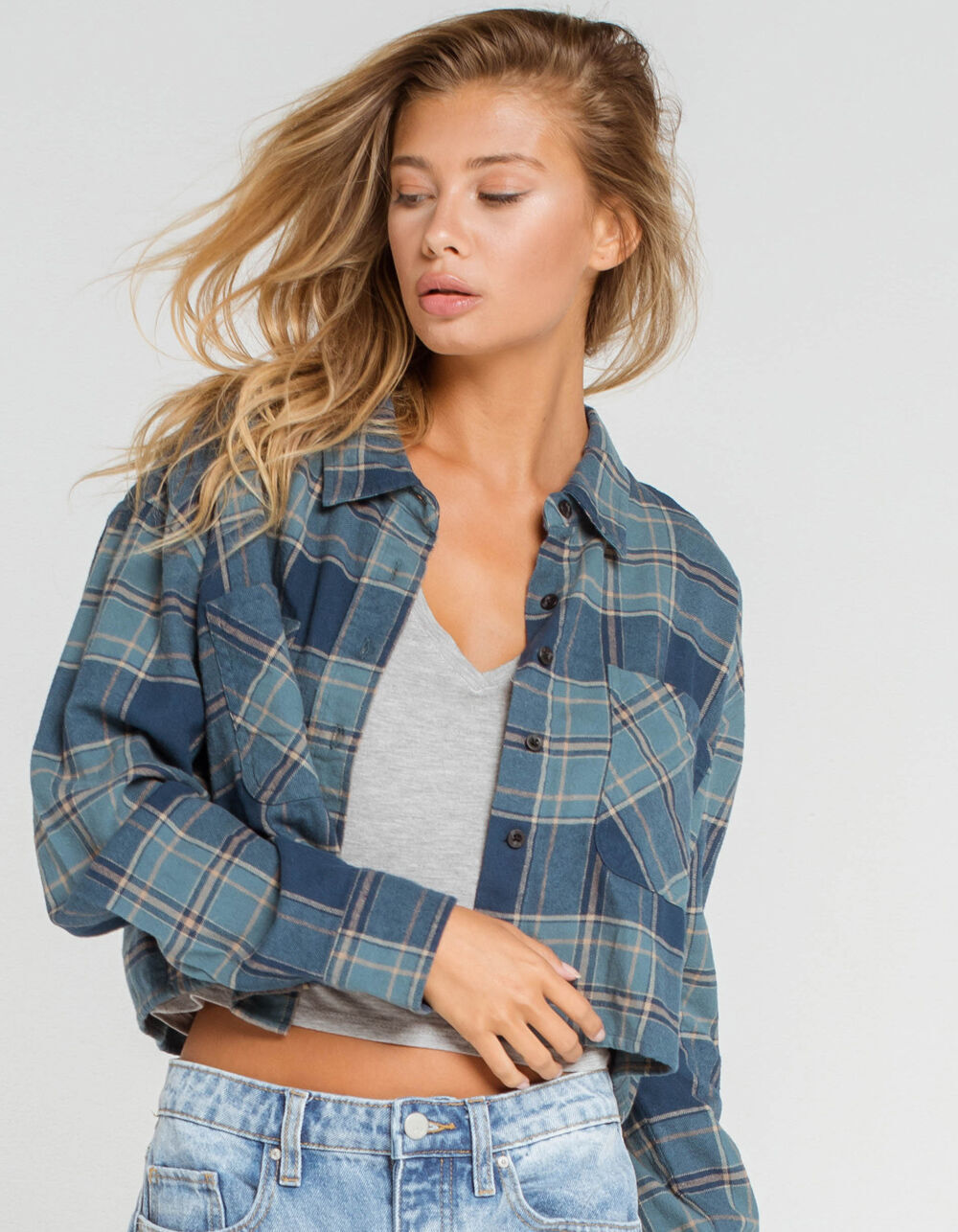 トップス doubleW broadcloth trad check shirt OVY RSQ Double Windowpane Womens Crop Flannel Shirt - TEAL BLUE | Tillys