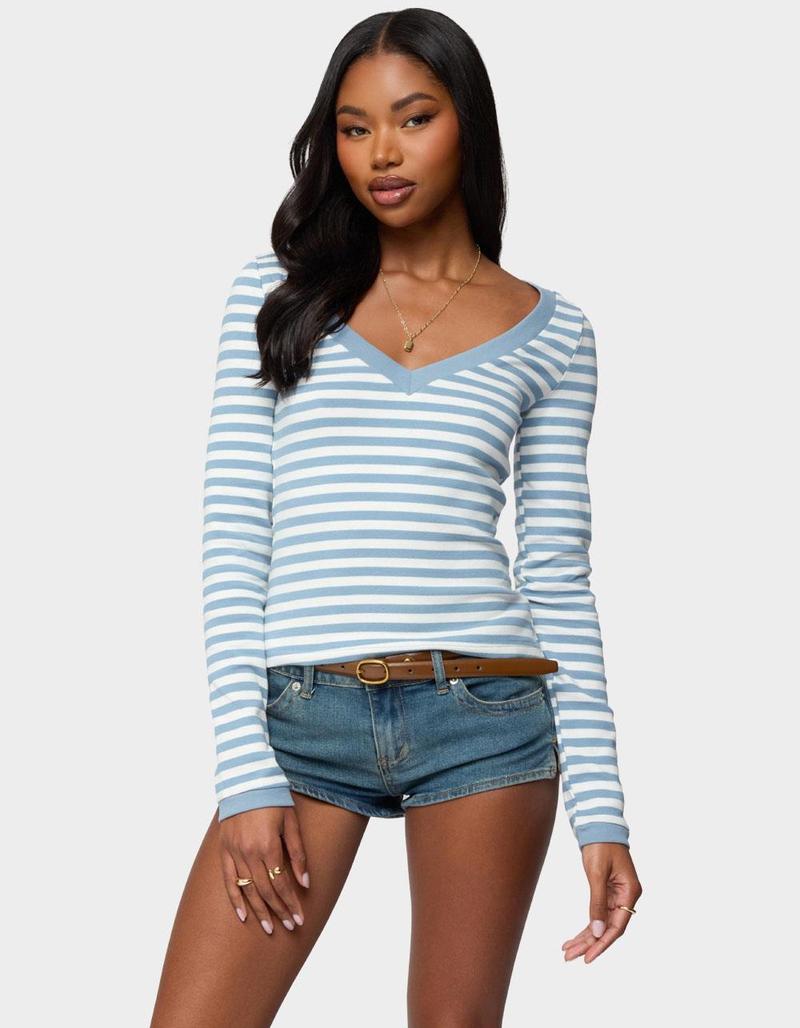 EDIKTED Kimi Striped Long Sleeve V-Neck Top image number 0