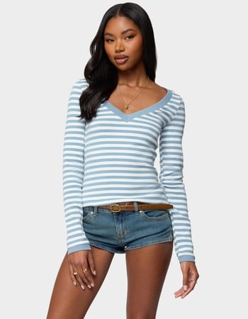 EDIKTED Kimi Striped Long Sleeve V-Neck Top Primary Image