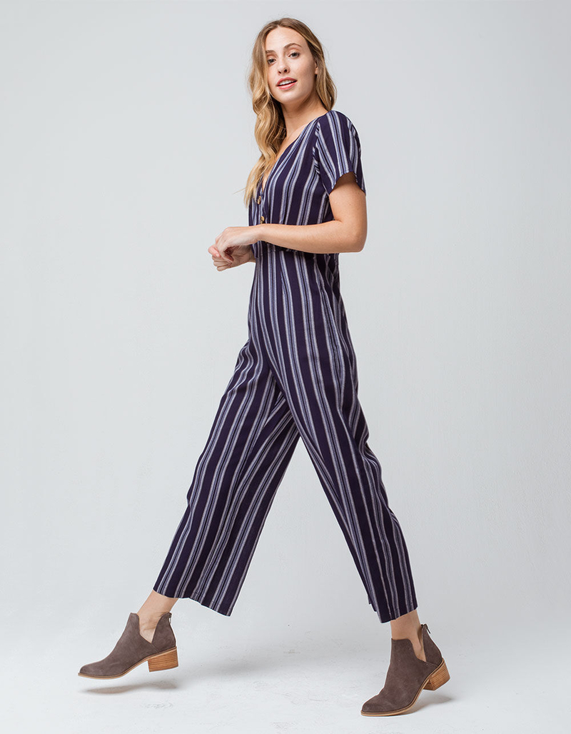 SKY AND SPARROW Stripe Button Front Navy Womens Jumpsuit image number 0