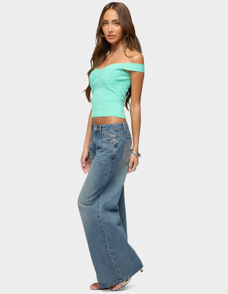 EDIKTED Rhinestone Low Rise Wide Leg Jeans image number 3