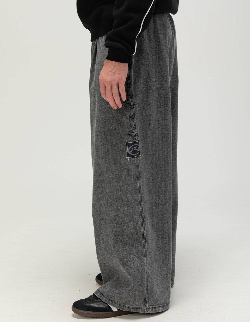 RUSTY Slub Mens Extra Baggy Elastic Waist Jeans - WASHED BLACK