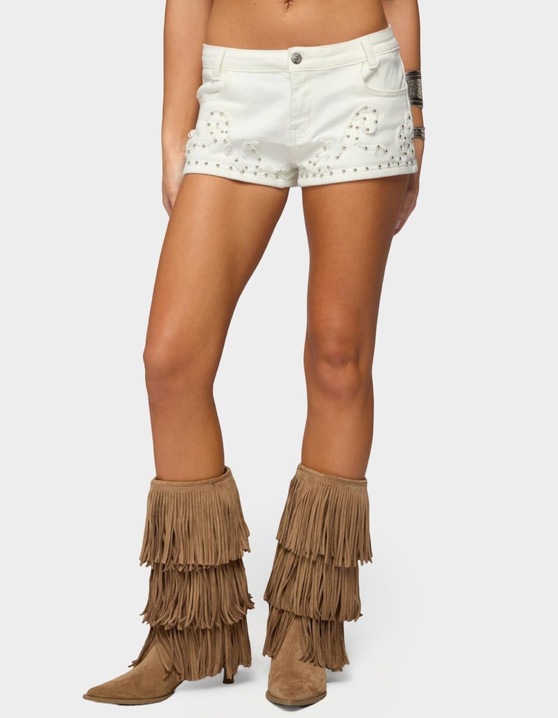 EDIKTED Studded Patchwork Low Rise Denim Shorts image number 0