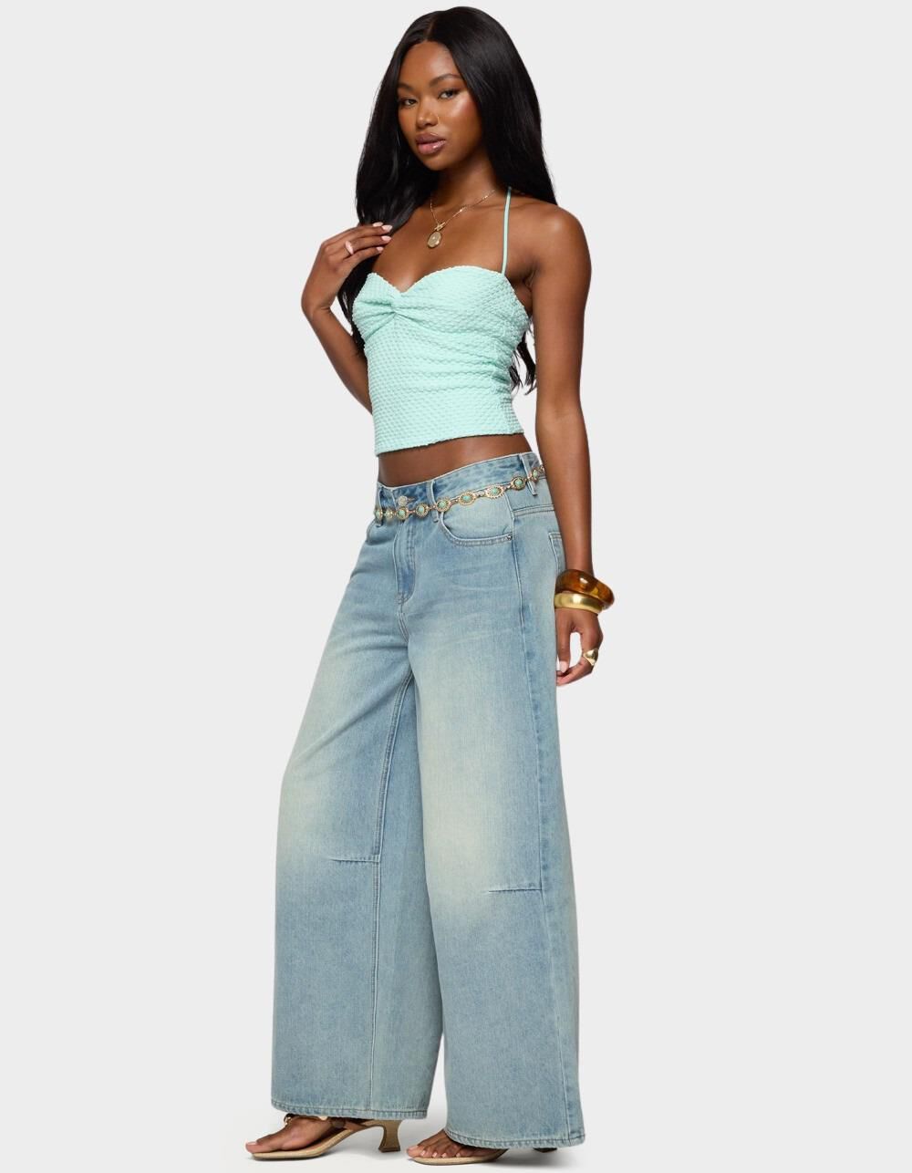 EDIKTED Zoee Twisted Textured Halter Top - LIGHT BLUE - XL | Tillys
