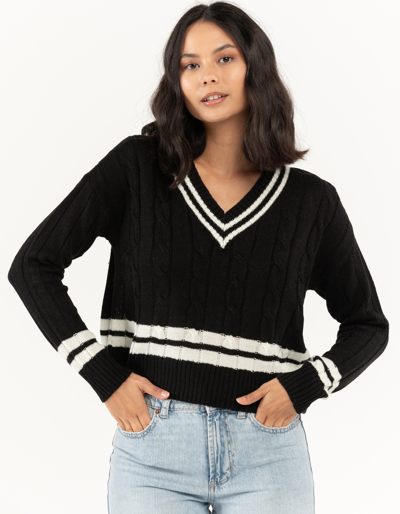 FULL CIRCLE TRENDS Cable Knit V Neck Womens Varsity Sweater image number 0