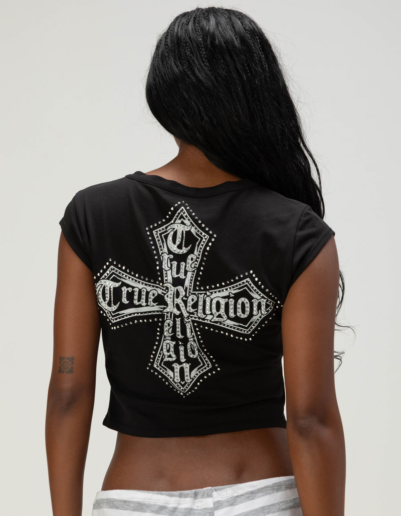TRUE RELIGION Crystal Logo Crest Womens Notch Crop Baby Tee image number 0